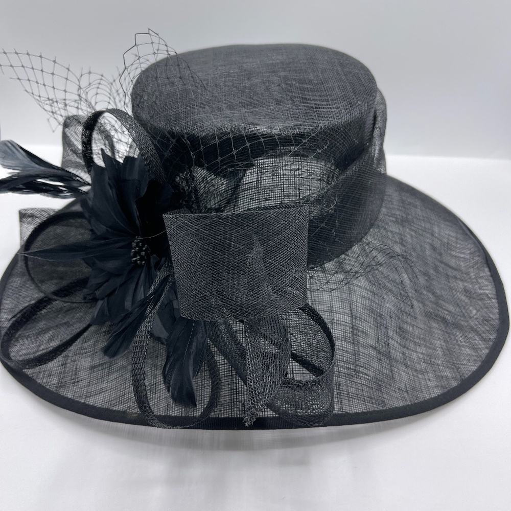 Josette Feather Flower Sinamay Wide Brim Black Hat Women One Size